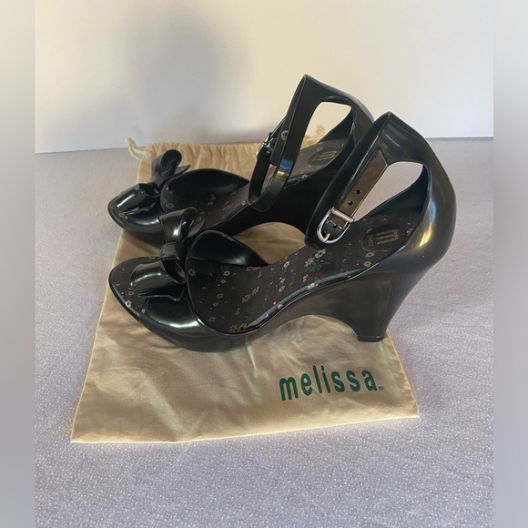 Original Melissa Black Bow Front Ankle Strap Heels - Picture 3 of 7